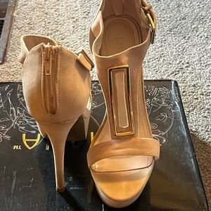 The shoes black tan purple black and silver the dress or red tan and white pink